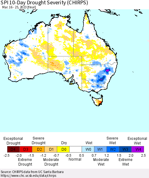 Australia SPI 10-Day Drought Severity (CHIRPS) Thematic Map For 3/16/2023 - 3/25/2023