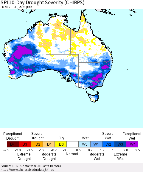 Australia SPI 10-Day Drought Severity (CHIRPS) Thematic Map For 3/21/2023 - 3/31/2023