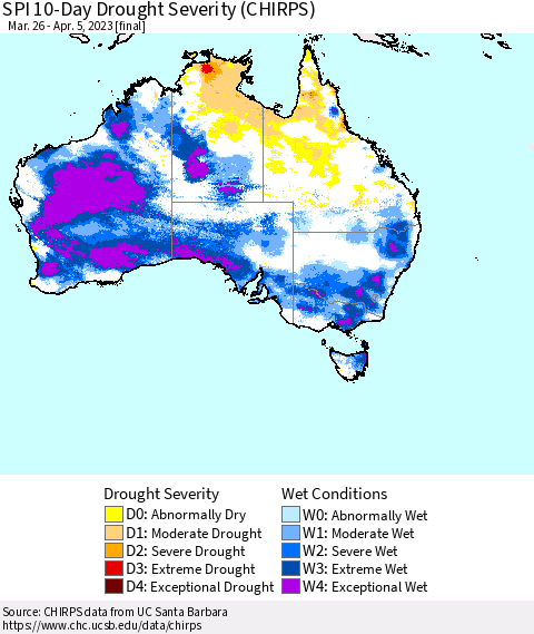 Australia SPI 10-Day Drought Severity (CHIRPS) Thematic Map For 3/26/2023 - 4/5/2023