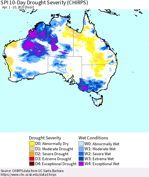 Australia SPI 10-Day Drought Severity (CHIRPS) Thematic Map For 4/1/2023 - 4/10/2023
