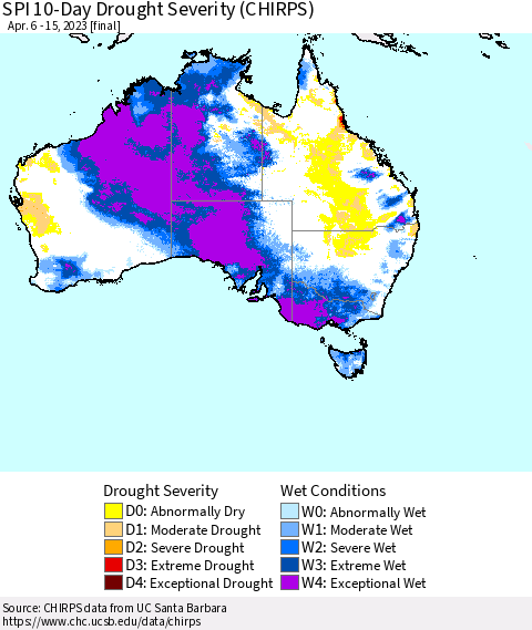 Australia SPI 10-Day Drought Severity (CHIRPS) Thematic Map For 4/6/2023 - 4/15/2023
