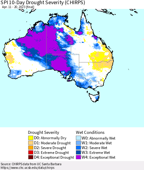 Australia SPI 10-Day Drought Severity (CHIRPS) Thematic Map For 4/11/2023 - 4/20/2023