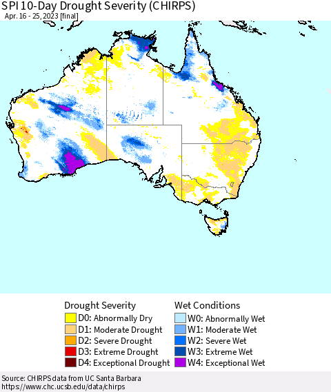 Australia SPI 10-Day Drought Severity (CHIRPS) Thematic Map For 4/16/2023 - 4/25/2023
