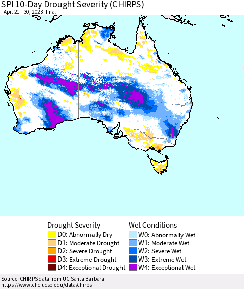 Australia SPI 10-Day Drought Severity (CHIRPS) Thematic Map For 4/21/2023 - 4/30/2023