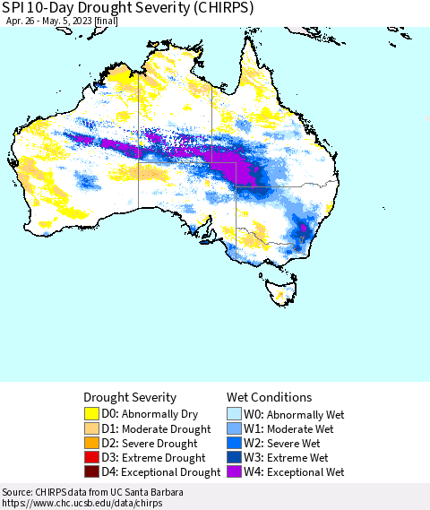 Australia SPI 10-Day Drought Severity (CHIRPS) Thematic Map For 4/26/2023 - 5/5/2023