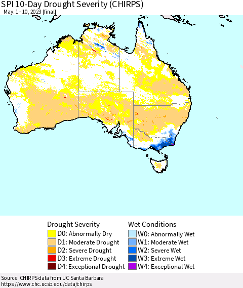 Australia SPI 10-Day Drought Severity (CHIRPS) Thematic Map For 5/1/2023 - 5/10/2023