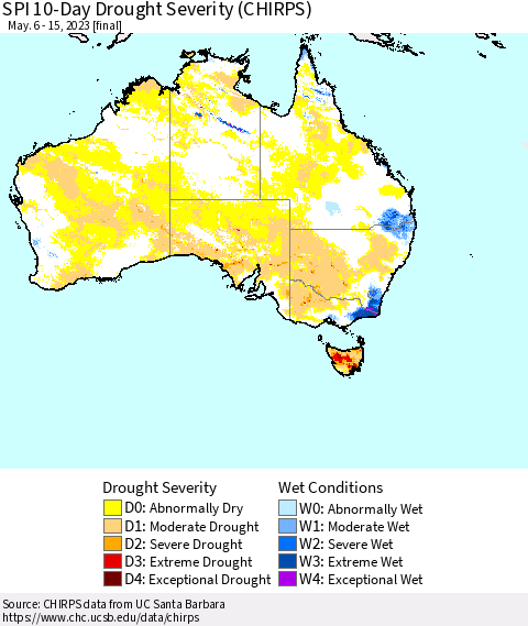 Australia SPI 10-Day Drought Severity (CHIRPS) Thematic Map For 5/6/2023 - 5/15/2023