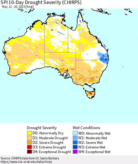 Australia SPI 10-Day Drought Severity (CHIRPS) Thematic Map For 5/11/2023 - 5/20/2023