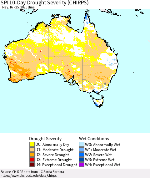 Australia SPI 10-Day Drought Severity (CHIRPS) Thematic Map For 5/16/2023 - 5/25/2023