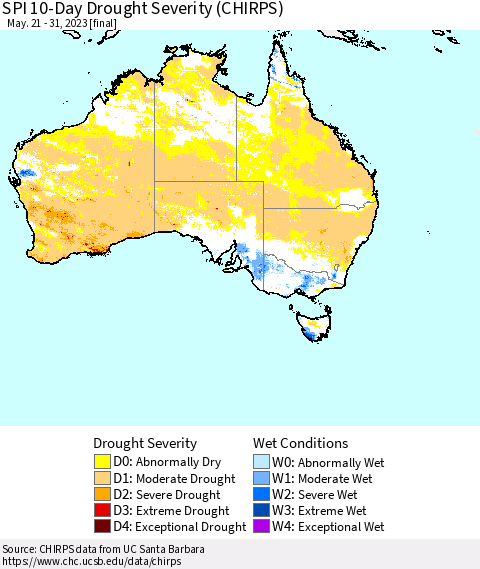 Australia SPI 10-Day Drought Severity (CHIRPS) Thematic Map For 5/21/2023 - 5/31/2023