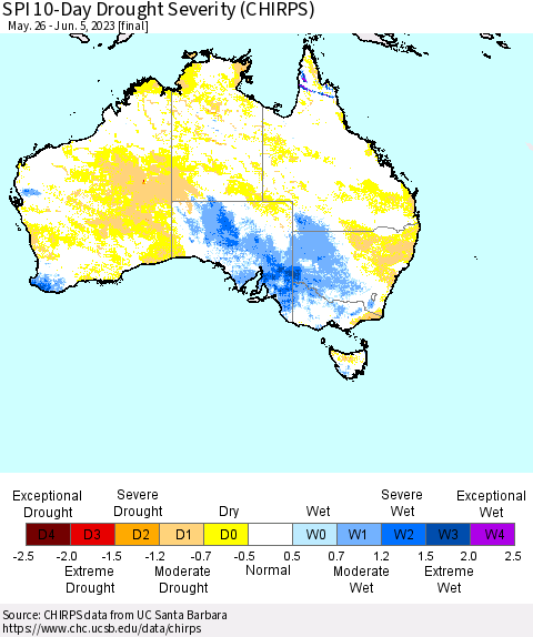 Australia SPI 10-Day Drought Severity (CHIRPS) Thematic Map For 5/26/2023 - 6/5/2023