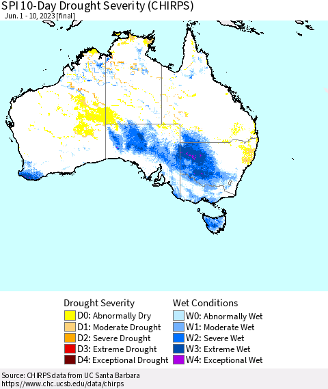 Australia SPI 10-Day Drought Severity (CHIRPS) Thematic Map For 6/1/2023 - 6/10/2023