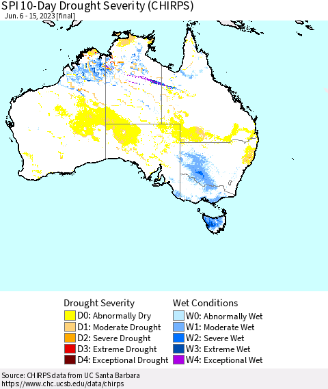 Australia SPI 10-Day Drought Severity (CHIRPS) Thematic Map For 6/6/2023 - 6/15/2023