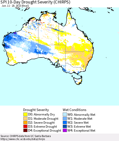 Australia SPI 10-Day Drought Severity (CHIRPS) Thematic Map For 6/11/2023 - 6/20/2023