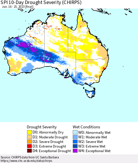 Australia SPI 10-Day Drought Severity (CHIRPS) Thematic Map For 6/16/2023 - 6/25/2023