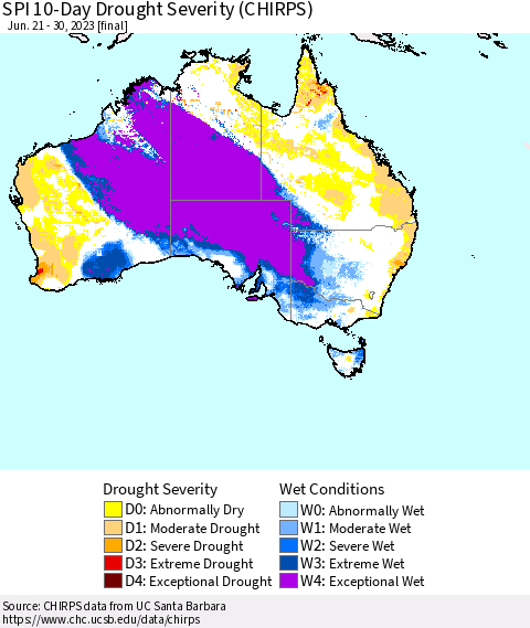 Australia SPI 10-Day Drought Severity (CHIRPS) Thematic Map For 6/21/2023 - 6/30/2023