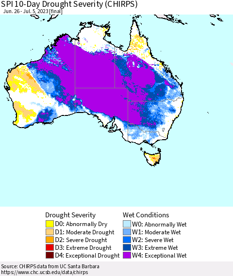 Australia SPI 10-Day Drought Severity (CHIRPS) Thematic Map For 6/26/2023 - 7/5/2023
