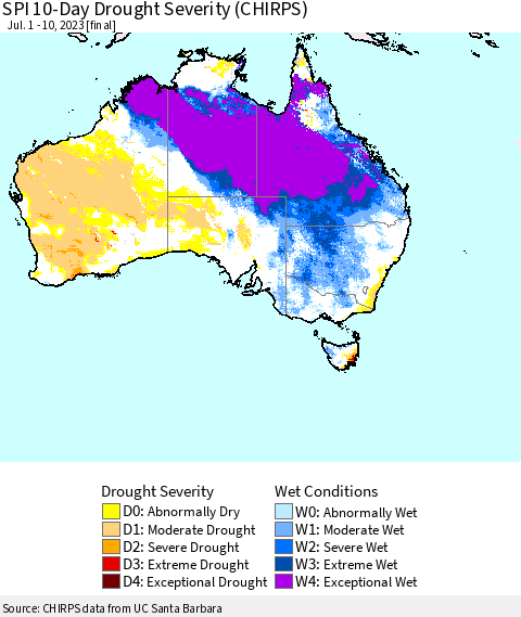 Australia SPI 10-Day Drought Severity (CHIRPS) Thematic Map For 7/1/2023 - 7/10/2023