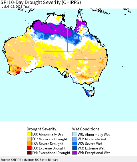 Australia SPI 10-Day Drought Severity (CHIRPS) Thematic Map For 7/6/2023 - 7/15/2023