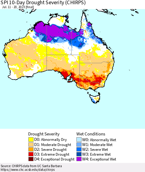 Australia SPI 10-Day Drought Severity (CHIRPS) Thematic Map For 7/11/2023 - 7/20/2023