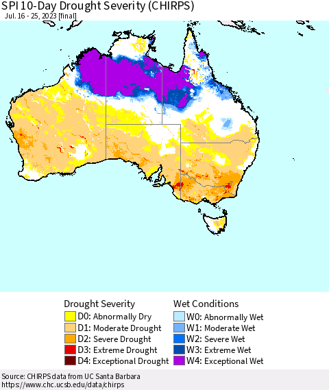 Australia SPI 10-Day Drought Severity (CHIRPS) Thematic Map For 7/16/2023 - 7/25/2023