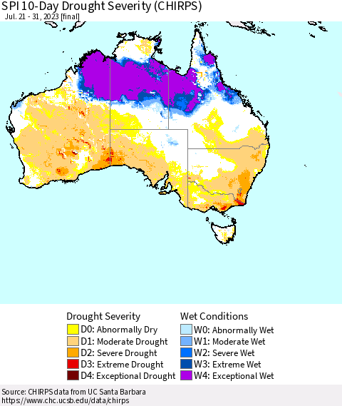 Australia SPI 10-Day Drought Severity (CHIRPS) Thematic Map For 7/21/2023 - 7/31/2023