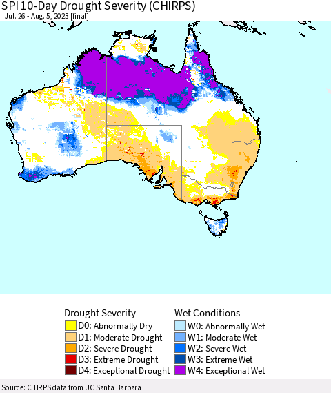 Australia SPI 10-Day Drought Severity (CHIRPS) Thematic Map For 7/26/2023 - 8/5/2023