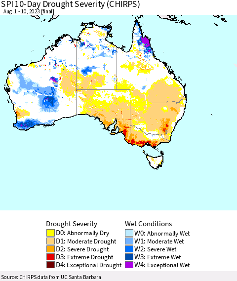 Australia SPI 10-Day Drought Severity (CHIRPS) Thematic Map For 8/1/2023 - 8/10/2023
