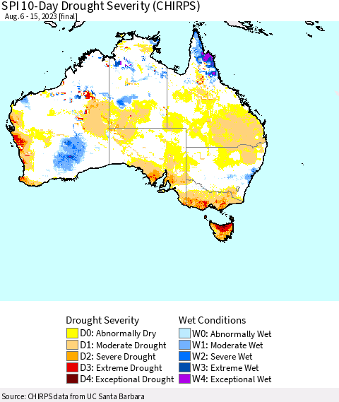 Australia SPI 10-Day Drought Severity (CHIRPS) Thematic Map For 8/6/2023 - 8/15/2023