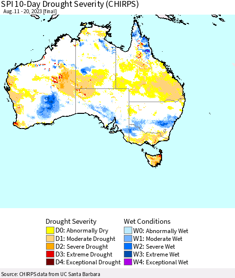 Australia SPI 10-Day Drought Severity (CHIRPS) Thematic Map For 8/11/2023 - 8/20/2023