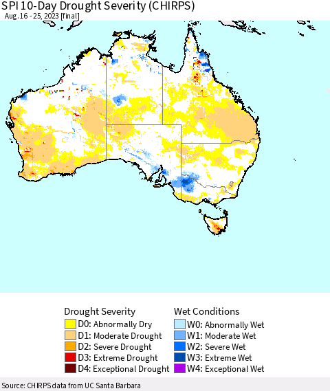Australia SPI 10-Day Drought Severity (CHIRPS) Thematic Map For 8/16/2023 - 8/25/2023
