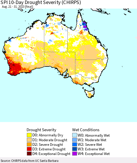 Australia SPI 10-Day Drought Severity (CHIRPS) Thematic Map For 8/21/2023 - 8/31/2023