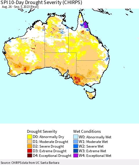 Australia SPI 10-Day Drought Severity (CHIRPS) Thematic Map For 8/26/2023 - 9/5/2023