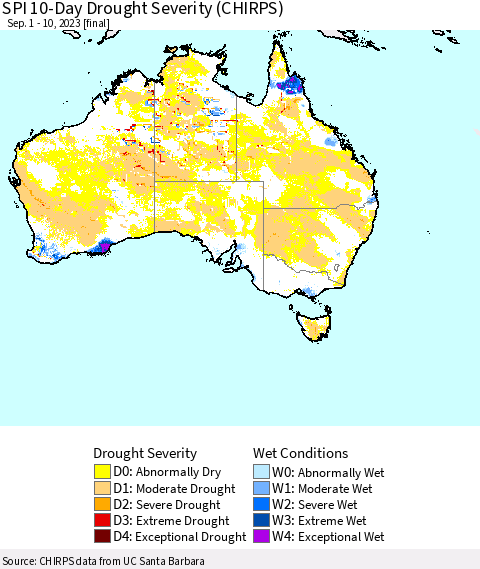 Australia SPI 10-Day Drought Severity (CHIRPS) Thematic Map For 9/1/2023 - 9/10/2023