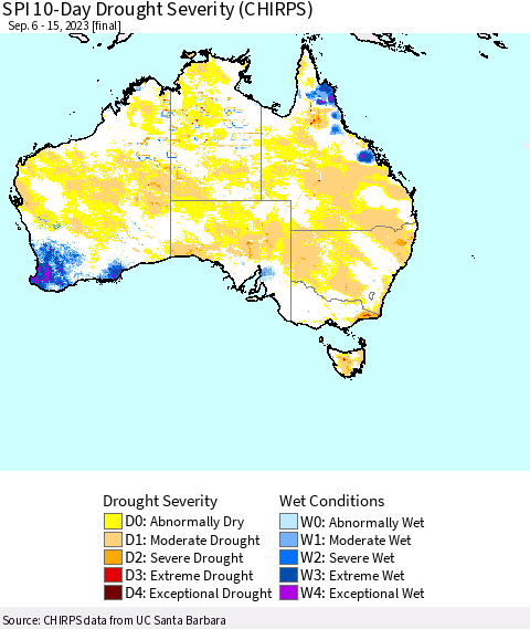 Australia SPI 10-Day Drought Severity (CHIRPS) Thematic Map For 9/6/2023 - 9/15/2023
