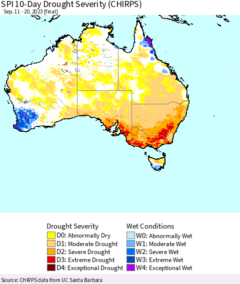 Australia SPI 10-Day Drought Severity (CHIRPS) Thematic Map For 9/11/2023 - 9/20/2023