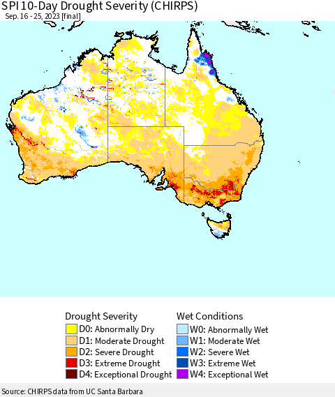 Australia SPI 10-Day Drought Severity (CHIRPS) Thematic Map For 9/16/2023 - 9/25/2023