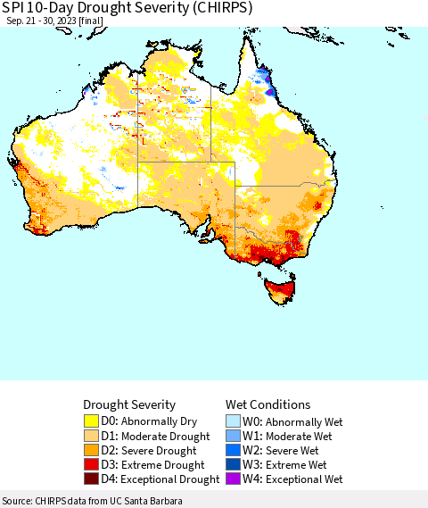 Australia SPI 10-Day Drought Severity (CHIRPS) Thematic Map For 9/21/2023 - 9/30/2023