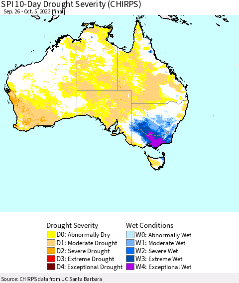 Australia SPI 10-Day Drought Severity (CHIRPS) Thematic Map For 9/26/2023 - 10/5/2023