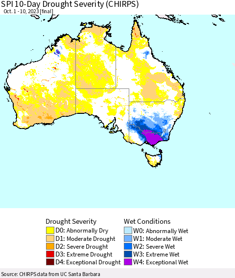 Australia SPI 10-Day Drought Severity (CHIRPS) Thematic Map For 10/1/2023 - 10/10/2023