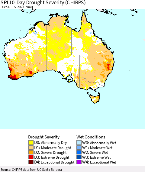 Australia SPI 10-Day Drought Severity (CHIRPS) Thematic Map For 10/6/2023 - 10/15/2023