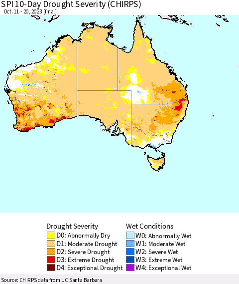 Australia SPI 10-Day Drought Severity (CHIRPS) Thematic Map For 10/11/2023 - 10/20/2023