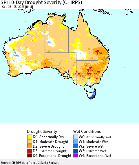 Australia SPI 10-Day Drought Severity (CHIRPS) Thematic Map For 10/16/2023 - 10/25/2023