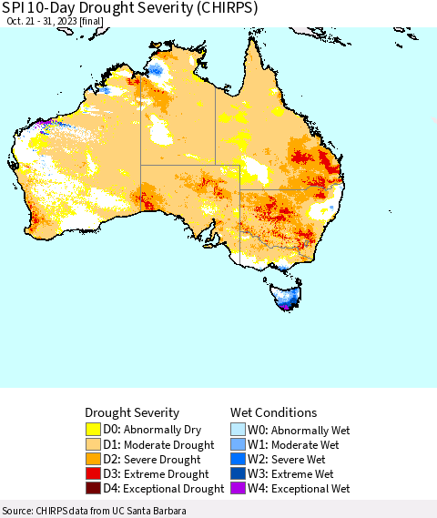 Australia SPI 10-Day Drought Severity (CHIRPS) Thematic Map For 10/21/2023 - 10/31/2023