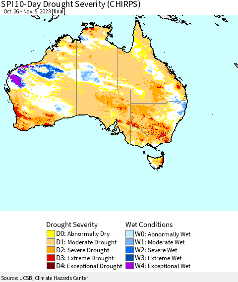 Australia SPI 10-Day Drought Severity (CHIRPS) Thematic Map For 10/26/2023 - 11/5/2023