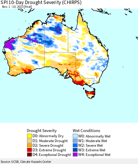Australia SPI 10-Day Drought Severity (CHIRPS) Thematic Map For 11/1/2023 - 11/10/2023