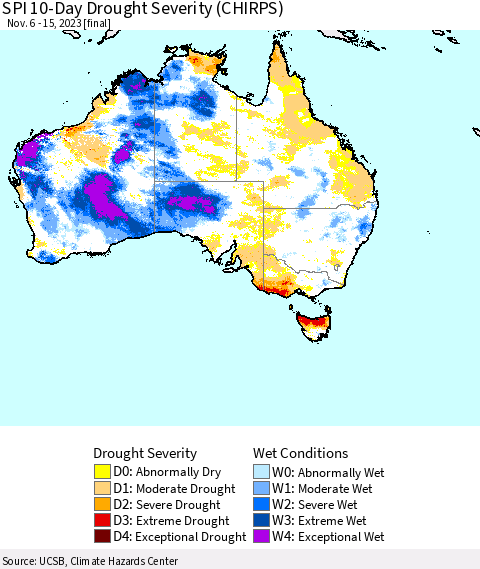 Australia SPI 10-Day Drought Severity (CHIRPS) Thematic Map For 11/6/2023 - 11/15/2023