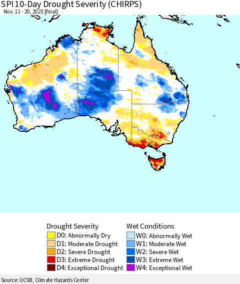 Australia SPI 10-Day Drought Severity (CHIRPS) Thematic Map For 11/11/2023 - 11/20/2023