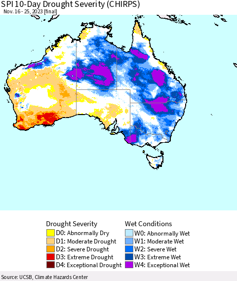 Australia SPI 10-Day Drought Severity (CHIRPS) Thematic Map For 11/16/2023 - 11/25/2023