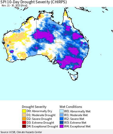 Australia SPI 10-Day Drought Severity (CHIRPS) Thematic Map For 11/21/2023 - 11/30/2023
